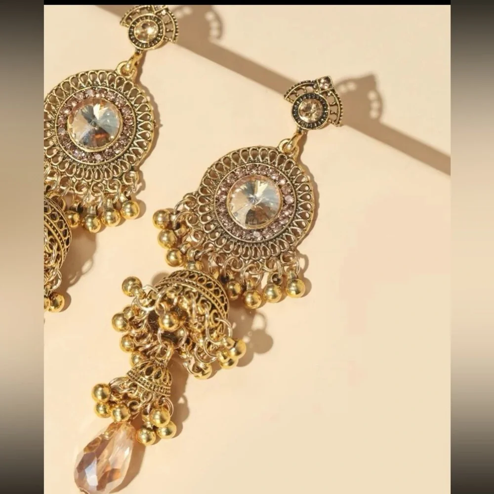 GoldenGilded Goddess Exotic Jhumka Ball Linear Statement Linear Dangle E… - Picture 7 of 8
